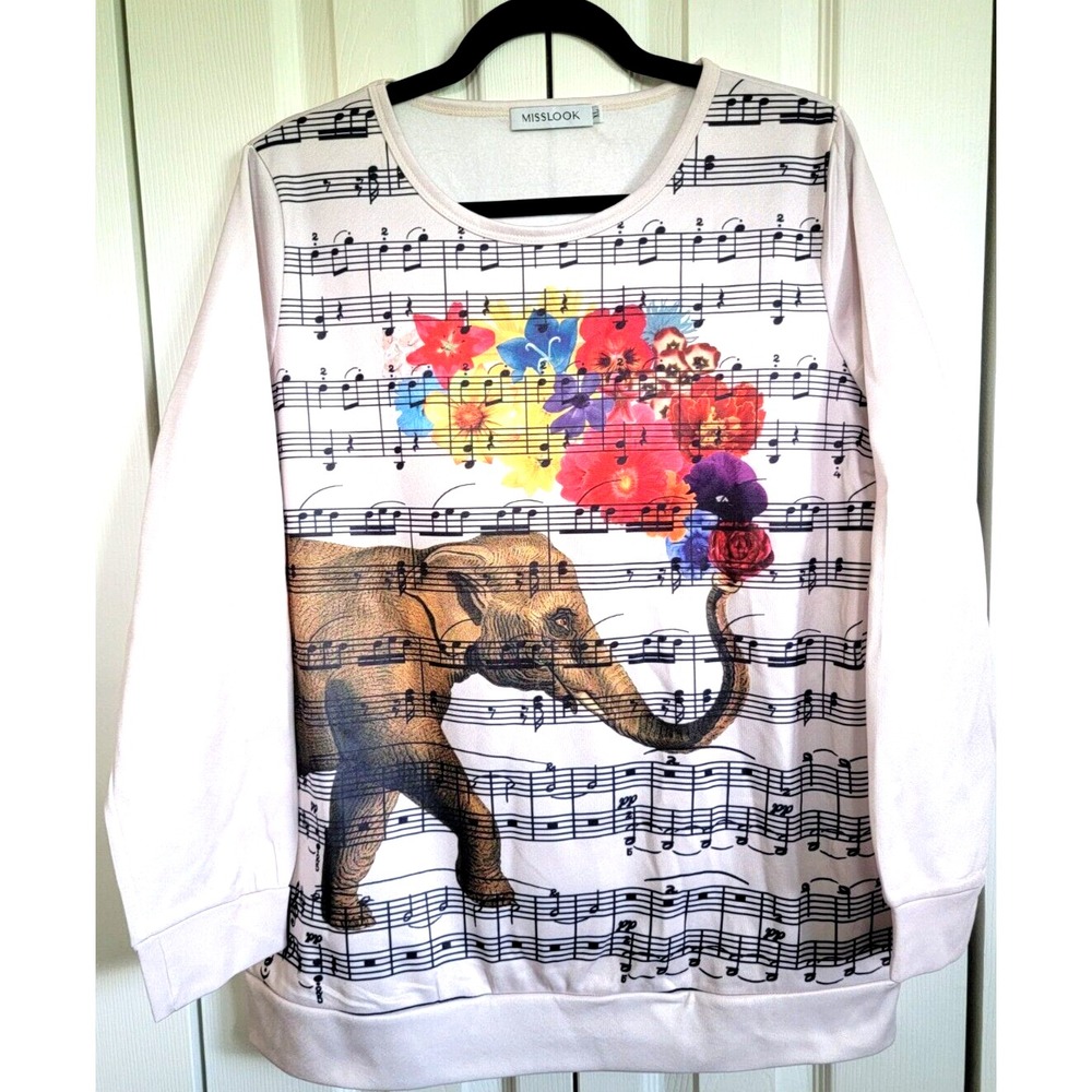 Misslook XL Sweatshirt Cream‎ Colored Floral Music Cotton Blend.